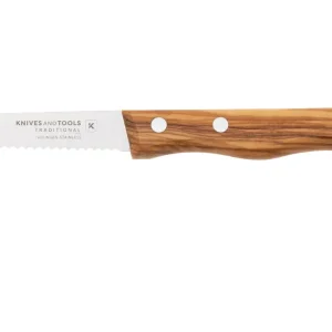 Knivesandtools Traditional Serrated Paring Knife, roestvast staal, olijfhout, gekarteld universeelmes Betrouwbaar
